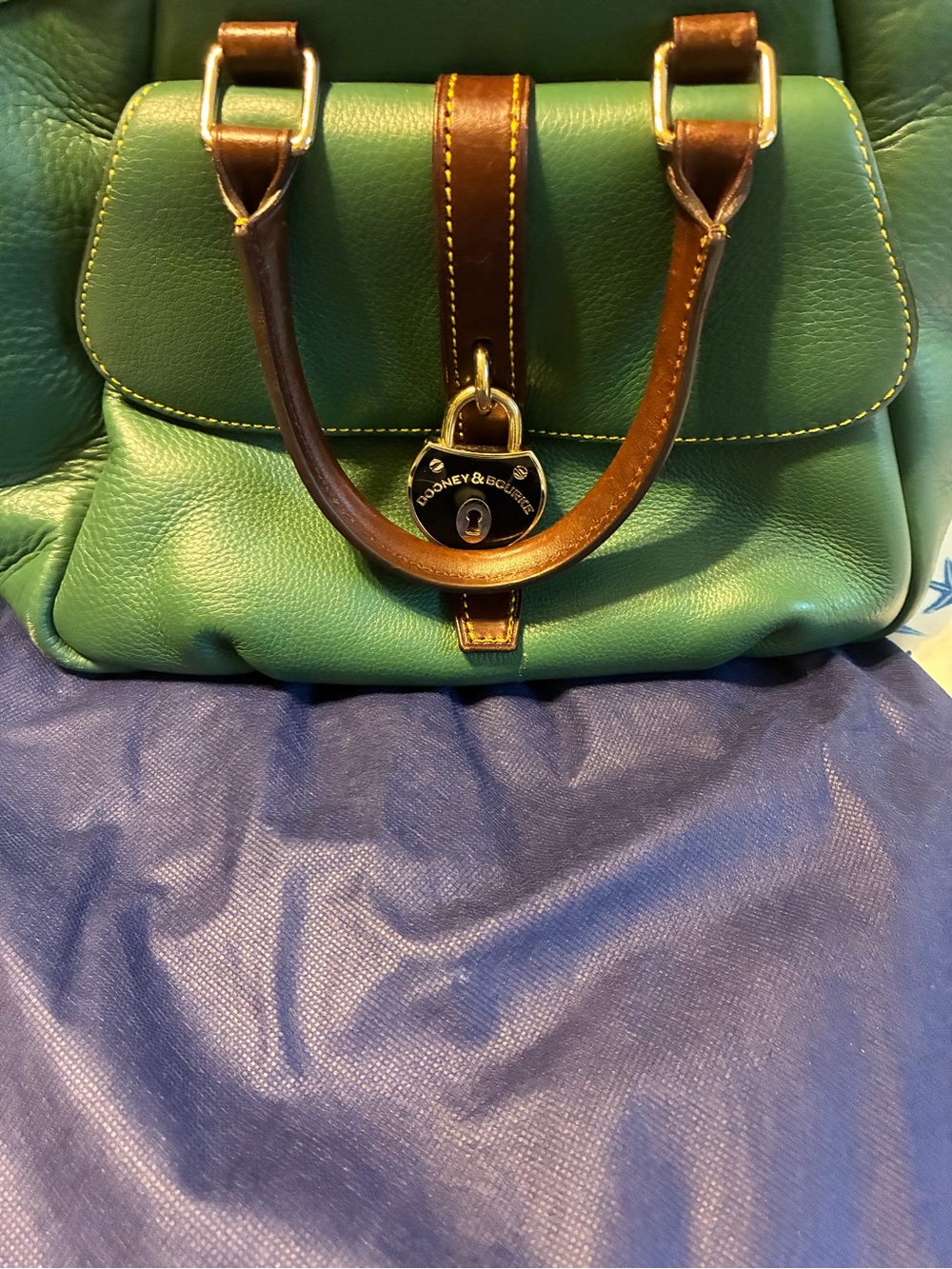 Dooney & Bourke Green Leather Satchel with Brown Handles and Gold Hardware - Picture 6 of 8